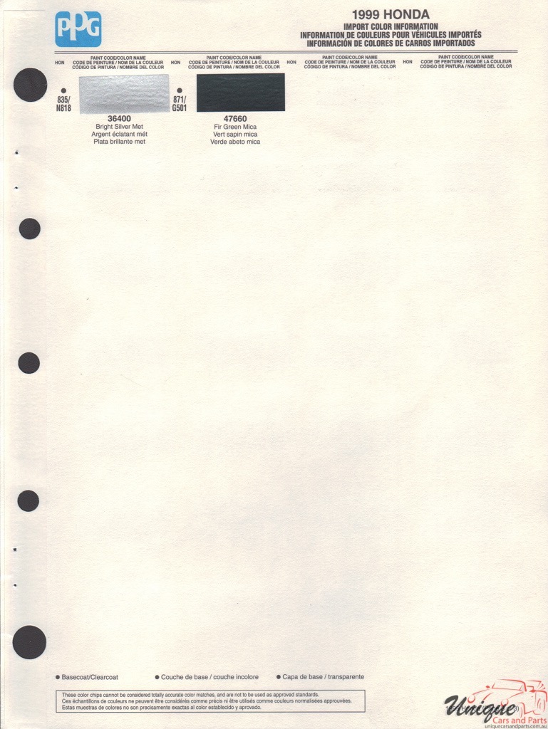 1999 Honda Paint Charts PPG 3
